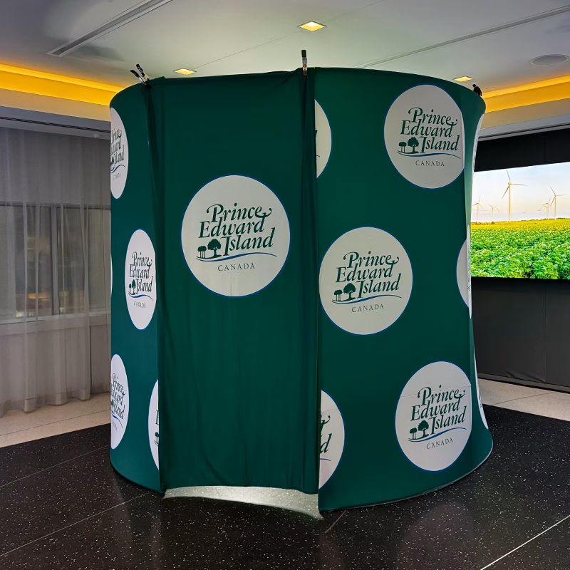 360 Booth Full Enclosure | Mashbooths Modern Photo Booth Rentals Seamless curved backdrop enclosure for a 360 photo booth rental NYC, creating a clean, immersive background for high-quality event videos