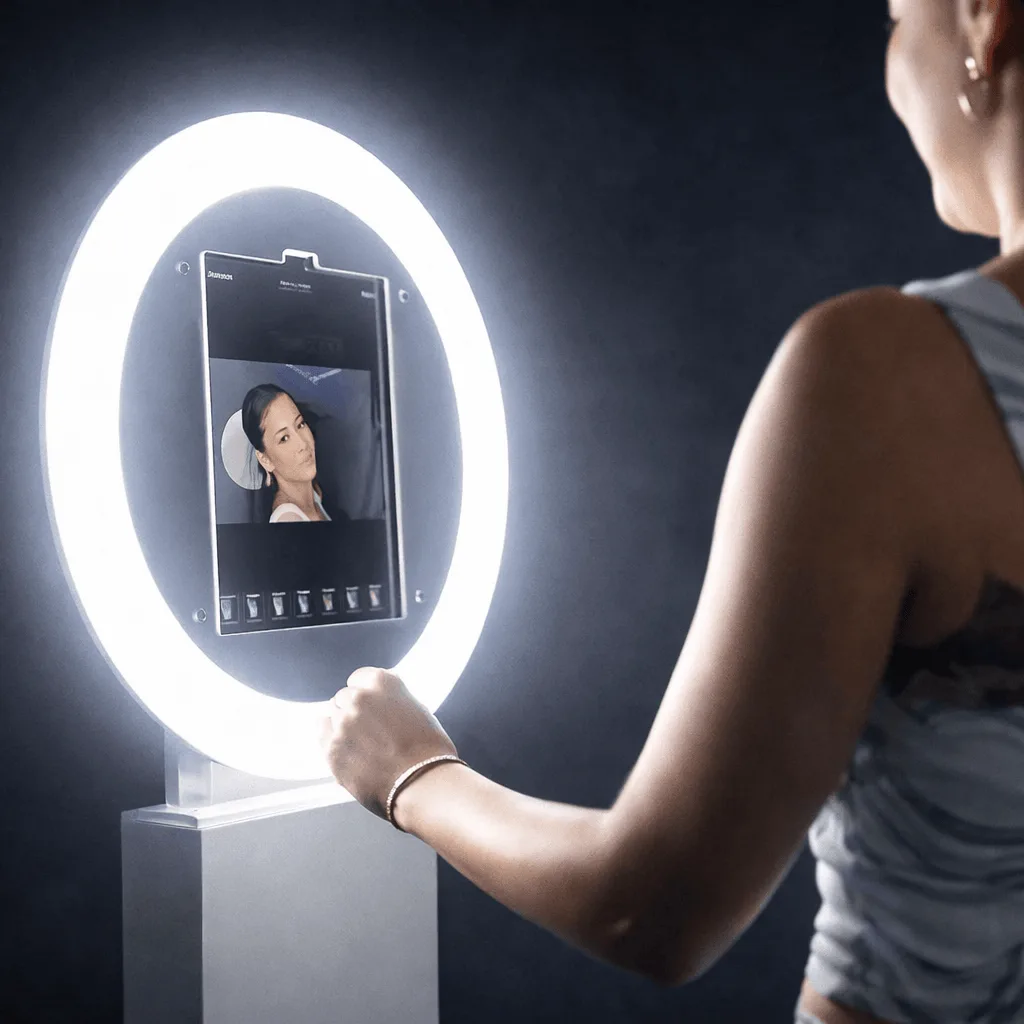 selfie booth nyc | Mashbooths Modern Photo Booth Rentals Guest interacting with touchscreen selfie photo booth with ring light at event