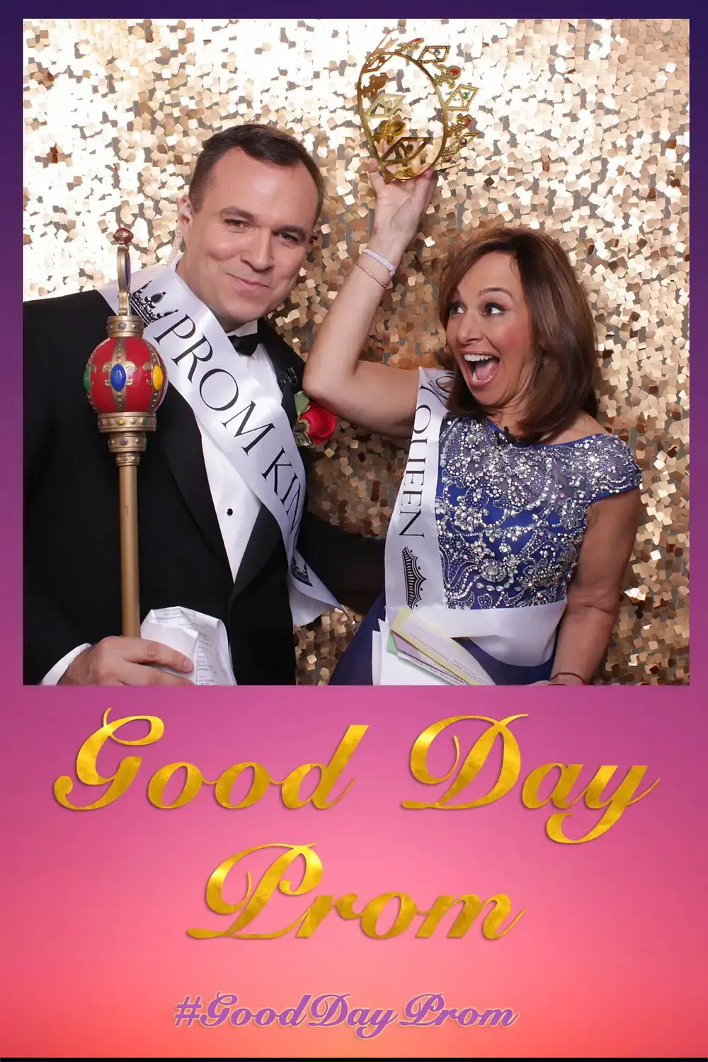 Good Day New York live broadcast of prom themed photo booth with anchors wearing prom king and queen sashes