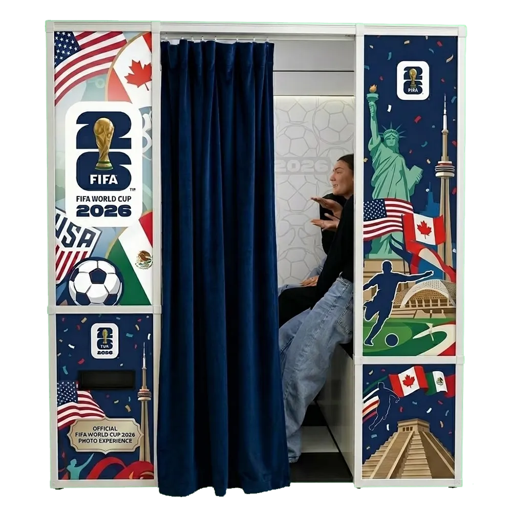 Enclosed photo booth rental NYC for FIFA World Cup New York custom wrapped | Mashbooths Modern Photo Booth Rentals